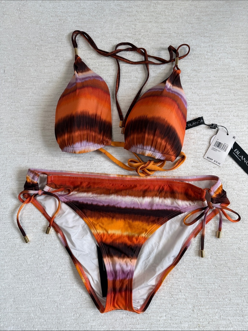La Blanca Sunset Orange Multi-Stripe Tie Bikini NWT